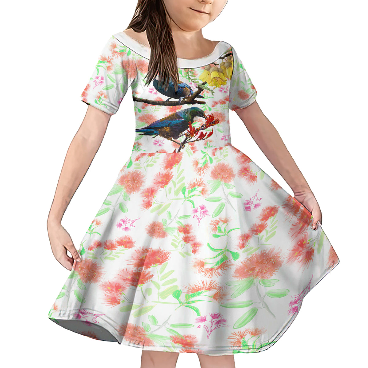 New Zealand Pohutukawa Tui Bird Family Matching Short Sleeve Bodycon Dress and Hawaiian Shirt Kowhai Version LT03 Daughter's Dress White - Polynesian Pride