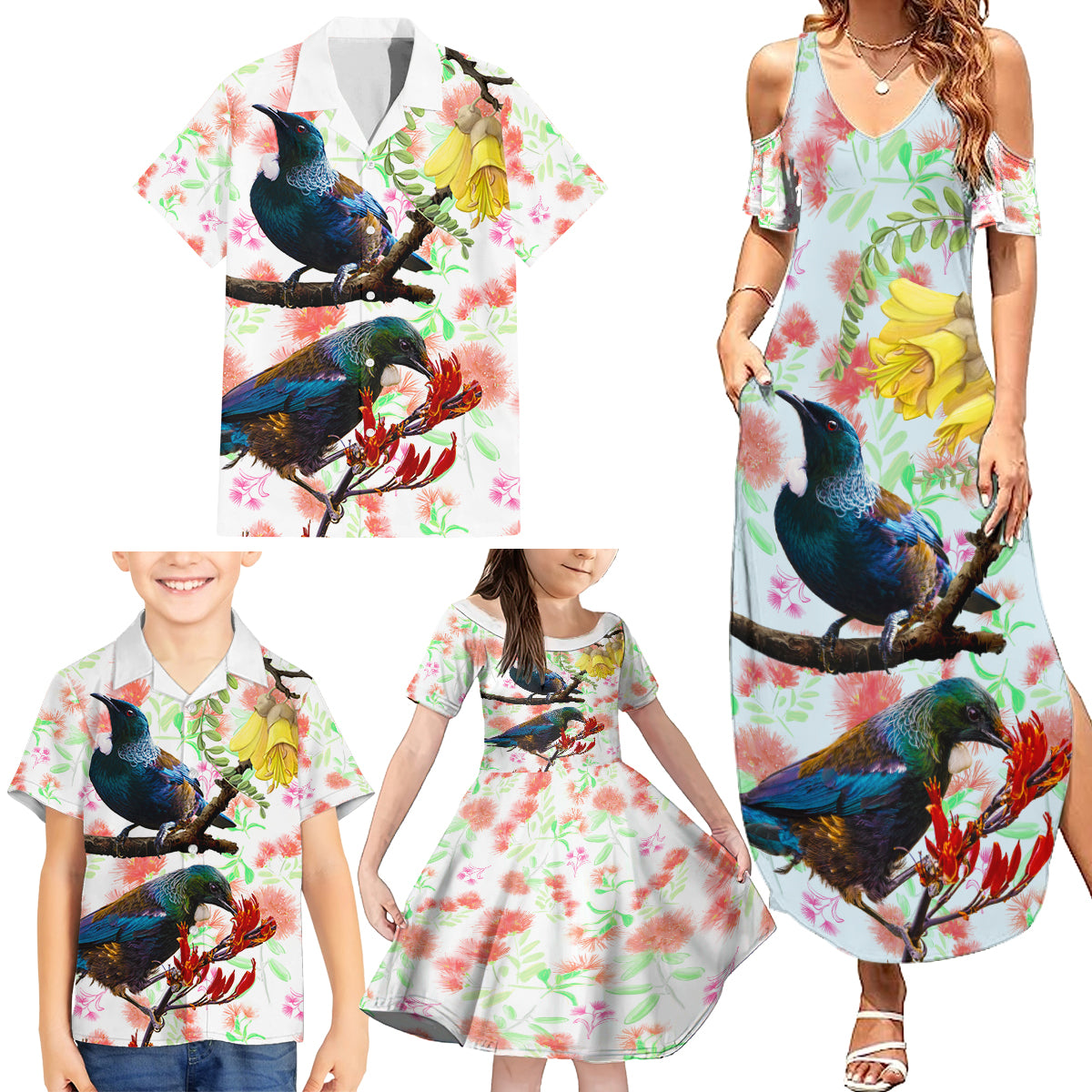 New Zealand Pohutukawa Tui Bird Family Matching Summer Maxi Dress and Hawaiian Shirt Kowhai Version LT03 - Polynesian Pride