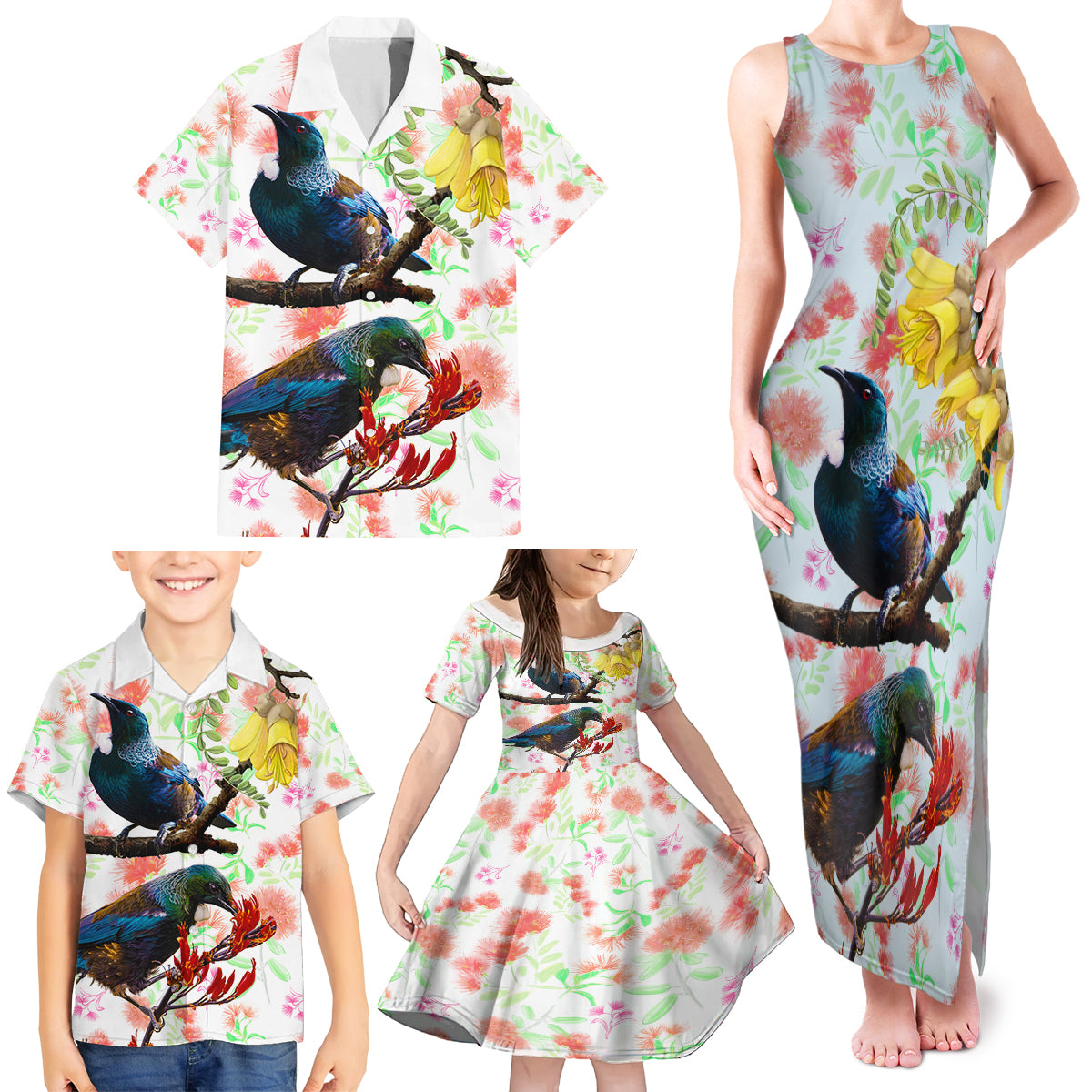 New Zealand Pohutukawa Tui Bird Family Matching Tank Maxi Dress and Hawaiian Shirt Kowhai Version LT03 - Polynesian Pride