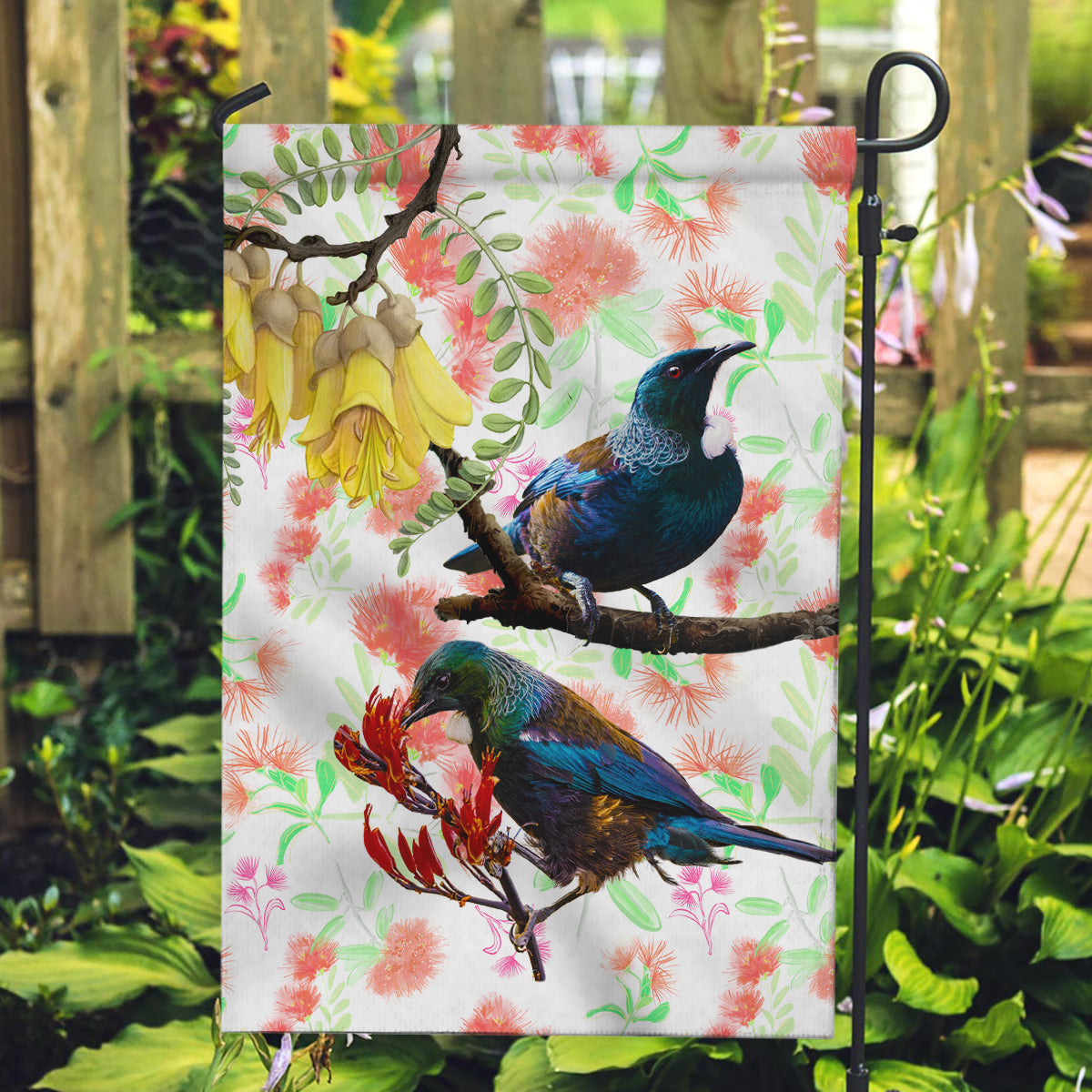 New Zealand Pohutukawa Tui Bird Garden Flag Kowhai Version LT03 Garden Flag White - Polynesian Pride