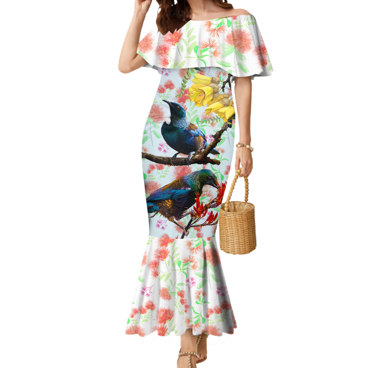 New Zealand Pohutukawa Tui Bird Mermaid Dress Kowhai Version LT03 Women White - Polynesian Pride