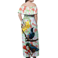 New Zealand Pohutukawa Tui Bird Off Shoulder Maxi Dress Kowhai Version LT03 - Polynesian Pride