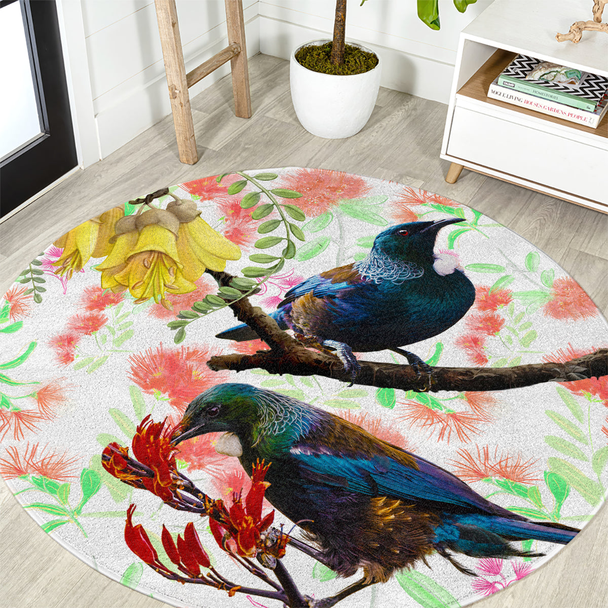 New Zealand Pohutukawa Tui Bird Round Carpet Kowhai Version LT03 White - Polynesian Pride