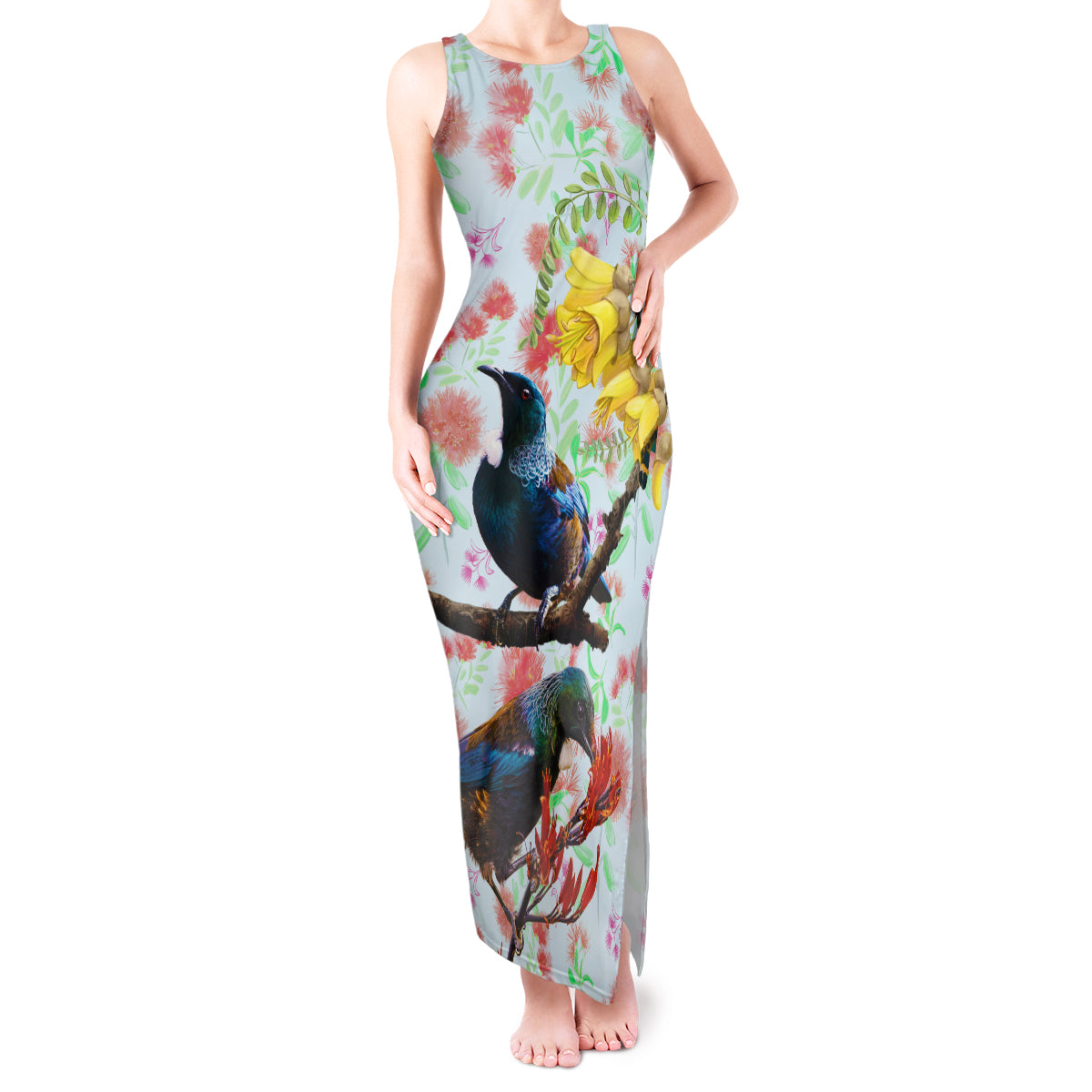 New Zealand Pohutukawa Tui Bird Tank Maxi Dress Kowhai Version LT03 Women White - Polynesian Pride