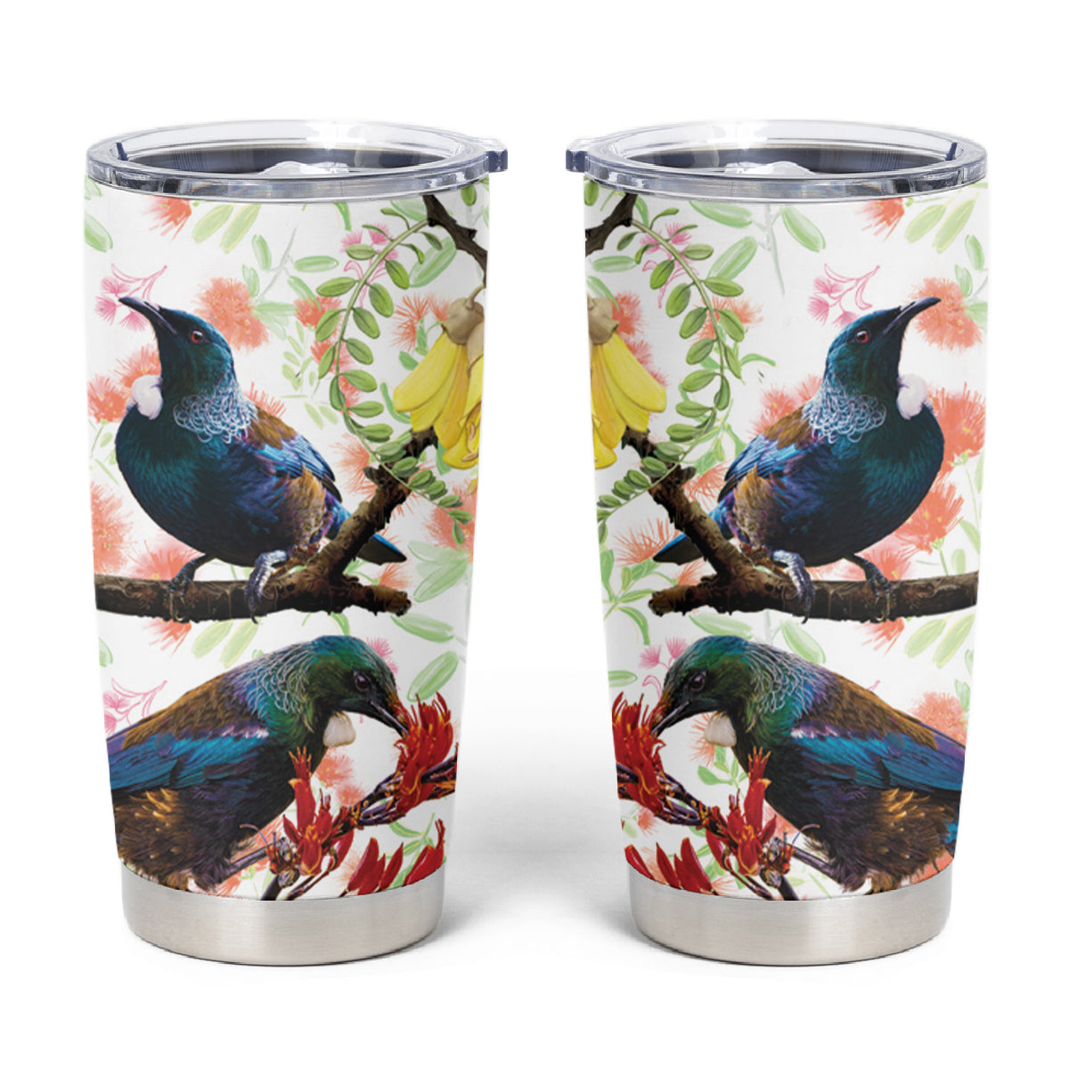 New Zealand Pohutukawa Tui Bird Tumbler Cup Kowhai Version LT03 White - Polynesian Pride