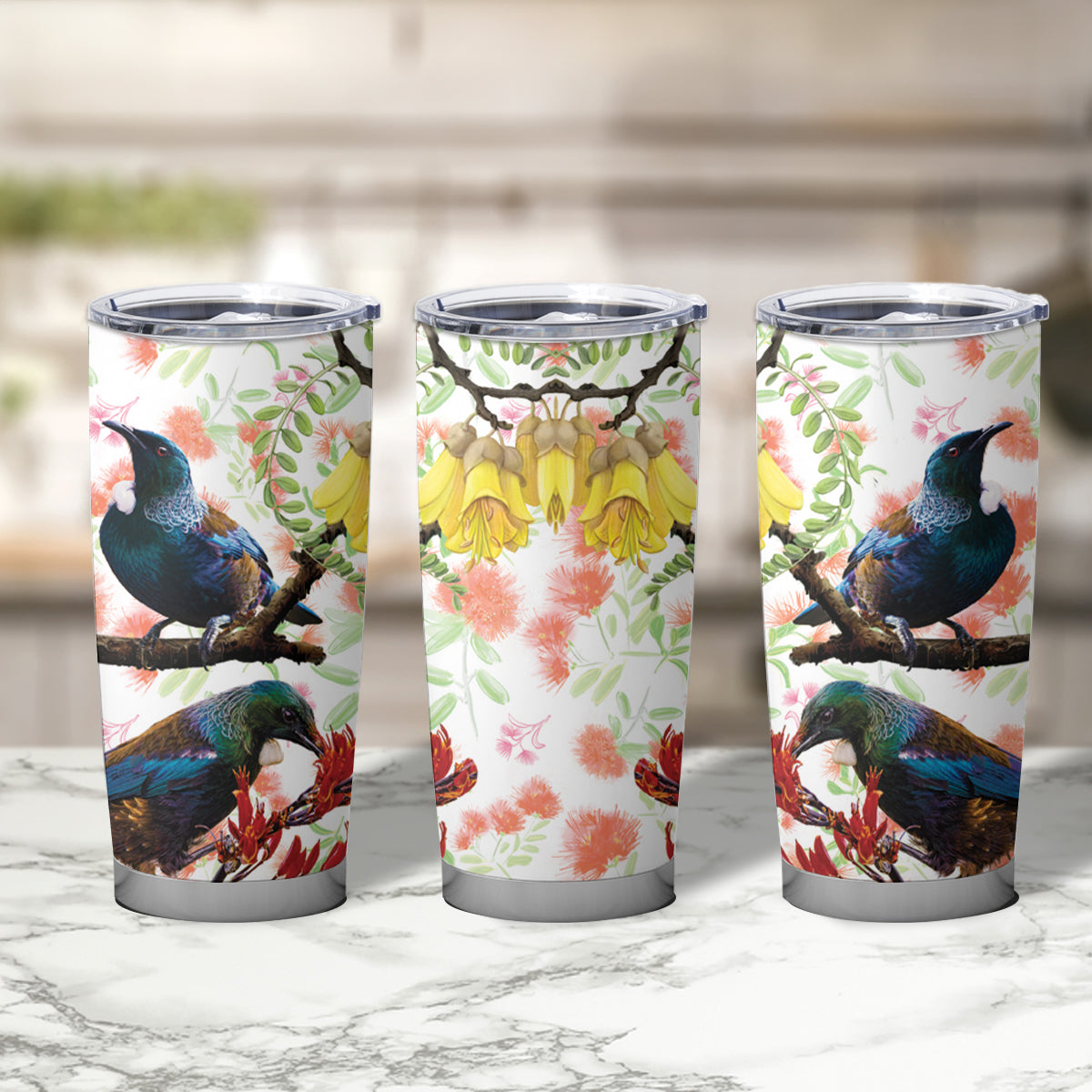 New Zealand Pohutukawa Tui Bird Tumbler Cup Kowhai Version LT03 - Polynesian Pride