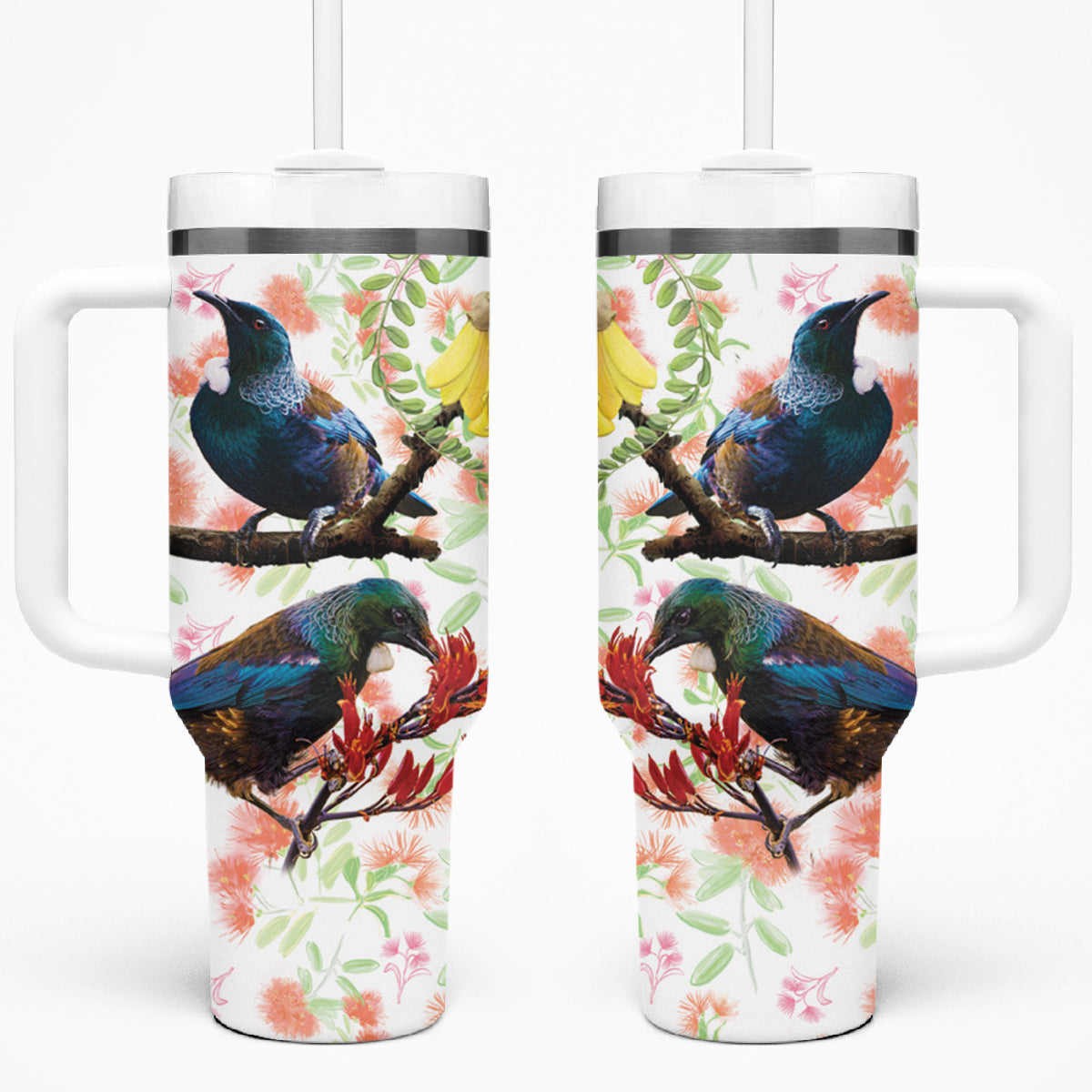 New Zealand Pohutukawa Tui Bird Tumbler With Handle Kowhai Version LT03 One Size: 40 oz White - Polynesian Pride