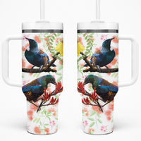 New Zealand Pohutukawa Tui Bird Tumbler With Handle Kowhai Version LT03 One Size: 40 oz White - Polynesian Pride