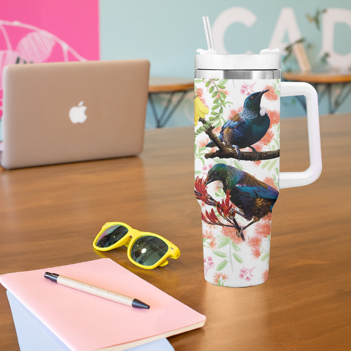 New Zealand Pohutukawa Tui Bird Tumbler With Handle Kowhai Version LT03 - Polynesian Pride
