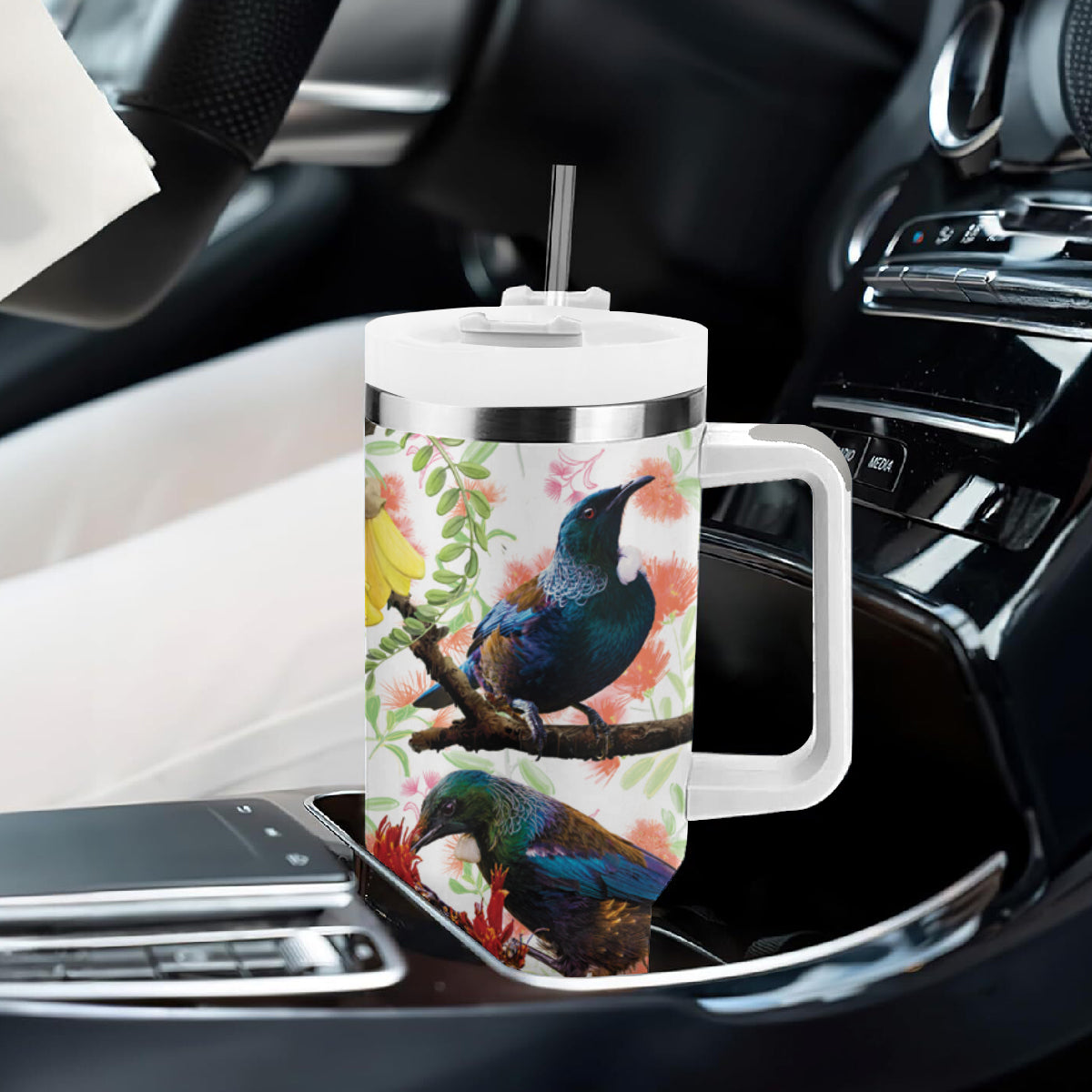 New Zealand Pohutukawa Tui Bird Tumbler With Handle Kowhai Version LT03 - Polynesian Pride