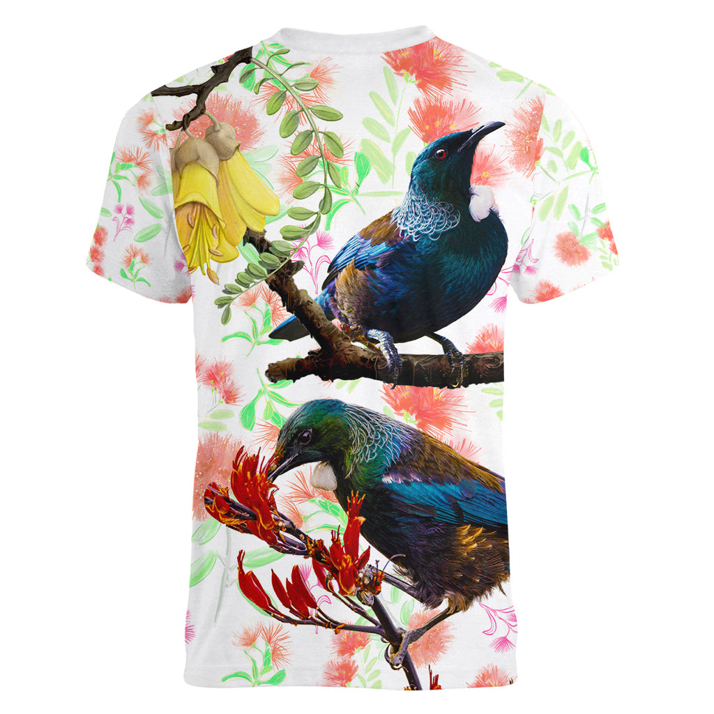 New Zealand Pohutukawa Tui Bird Women V Neck T Shirt Kowhai Version LT03 - Polynesian Pride