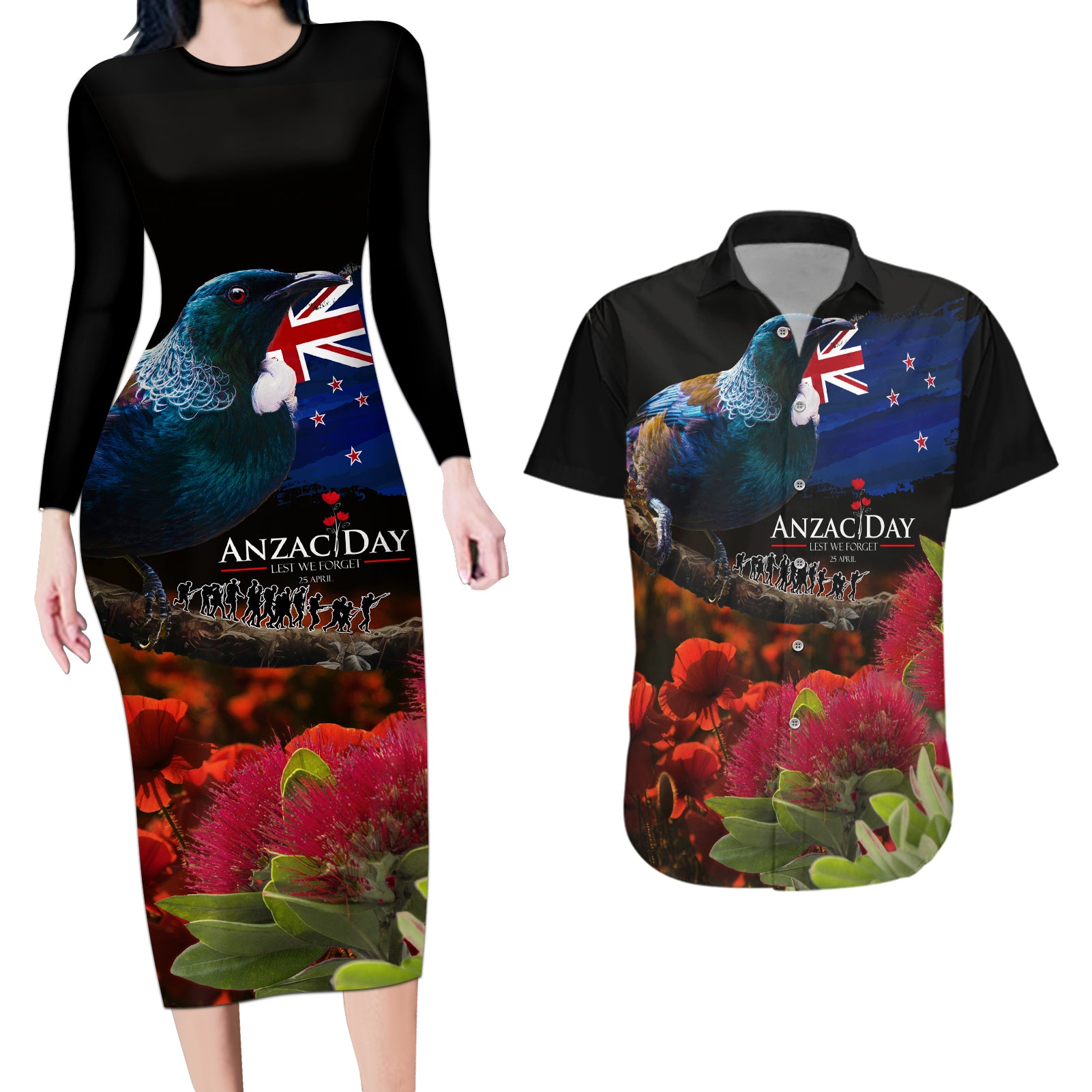 New Zealand ANZAC Day Couples Matching Long Sleeve Bodycon Dress and Hawaiian Shirt Pohutukawa Flower and Tui Bird LT03 Black - Polynesian Pride