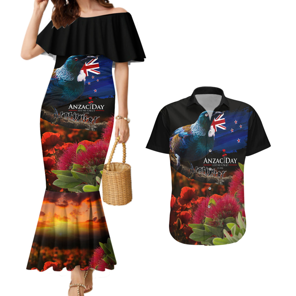 New Zealand ANZAC Day Couples Matching Mermaid Dress and Hawaiian Shirt Pohutukawa Flower and Tui Bird LT03 Black - Polynesian Pride