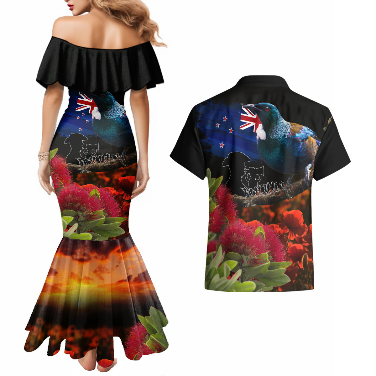 New Zealand ANZAC Day Couples Matching Mermaid Dress and Hawaiian Shirt Pohutukawa Flower and Tui Bird LT03 - Polynesian Pride