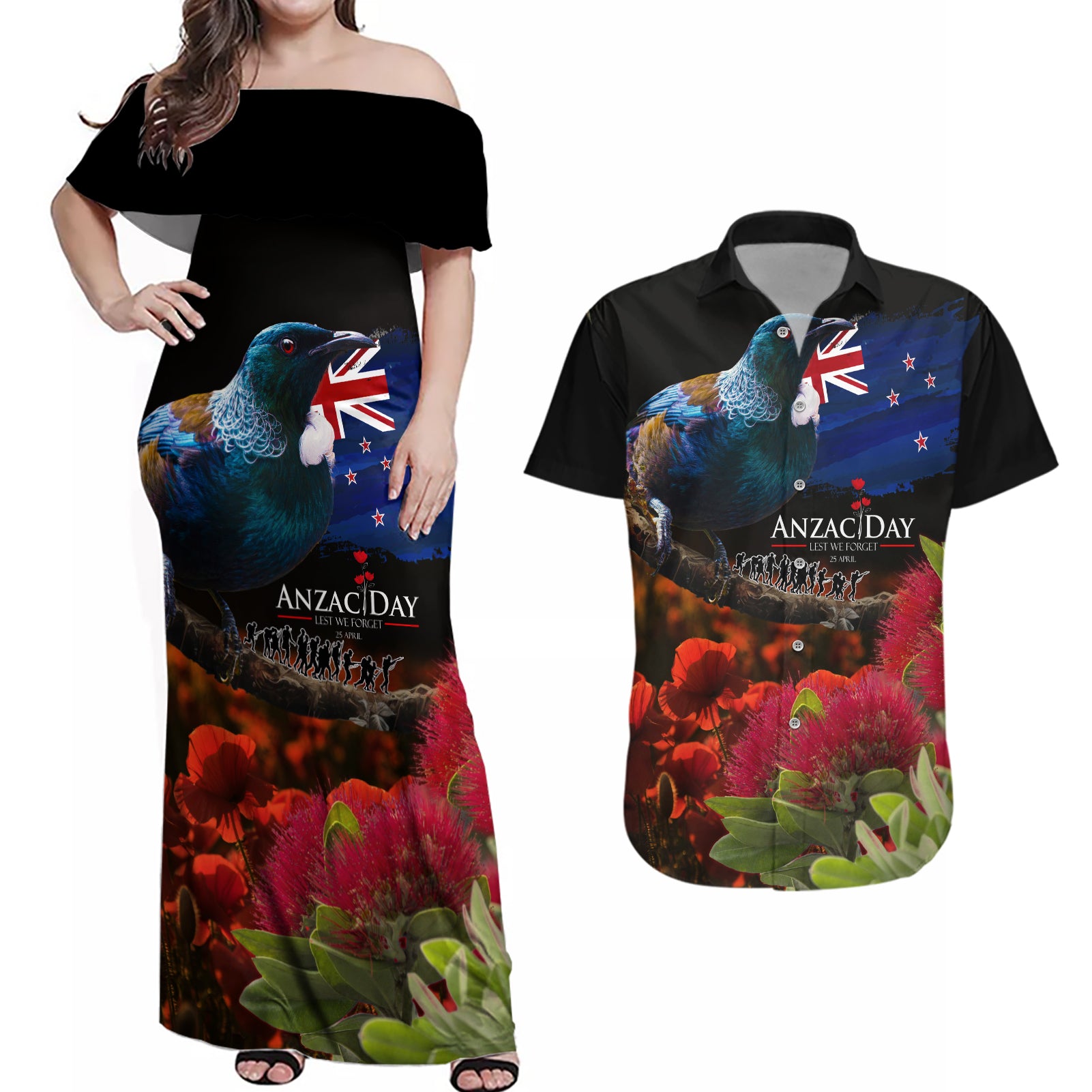 New Zealand ANZAC Day Couples Matching Off Shoulder Maxi Dress and Hawaiian Shirt Pohutukawa Flower and Tui Bird LT03 Black - Polynesian Pride