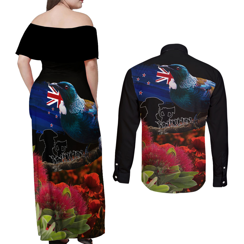 New Zealand ANZAC Day Couples Matching Off Shoulder Maxi Dress and Long Sleeve Button Shirt Pohutukawa Flower and Tui Bird LT03 - Polynesian Pride