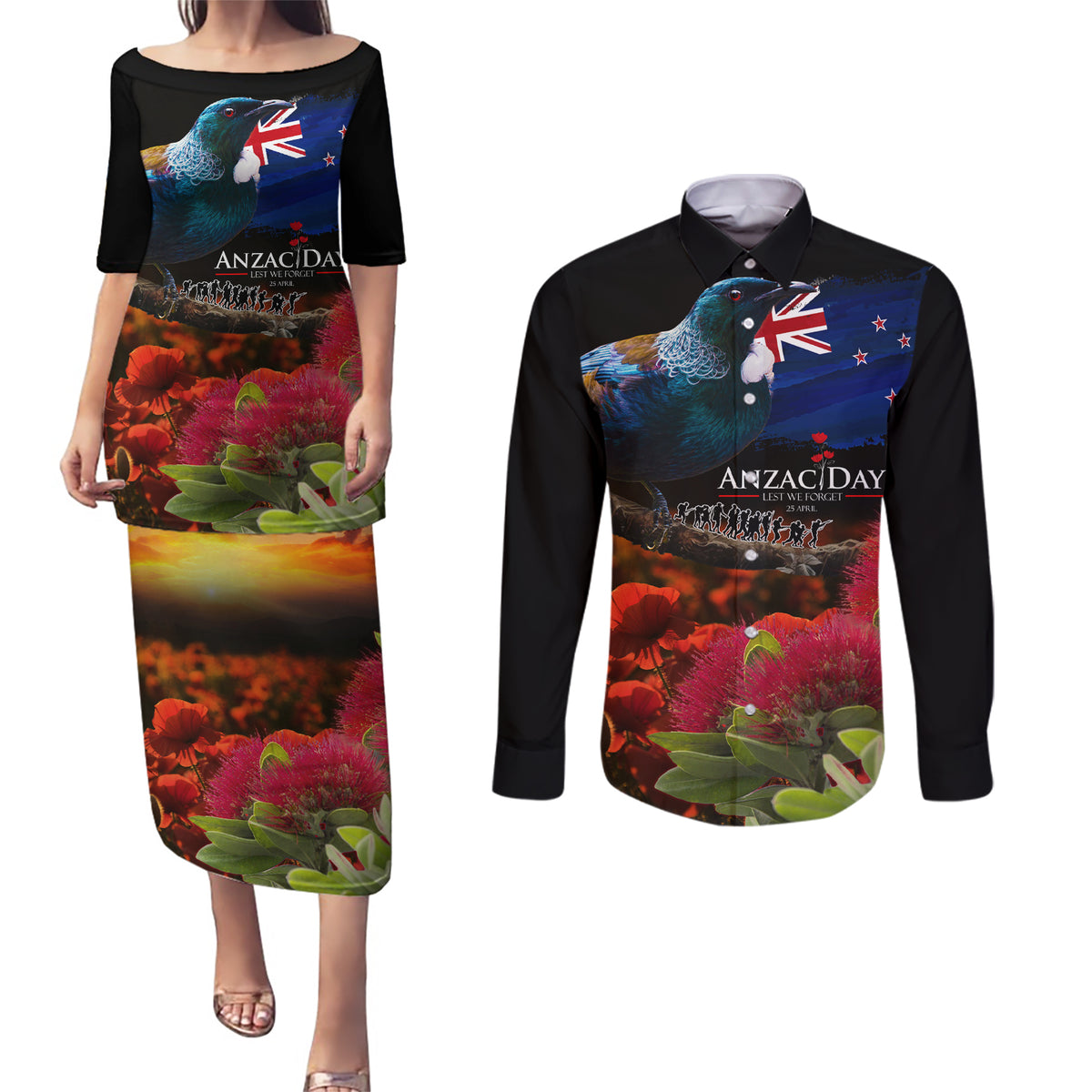 New Zealand ANZAC Day Couples Matching Puletasi and Long Sleeve Button Shirt Pohutukawa Flower and Tui Bird LT03 Black - Polynesian Pride