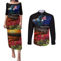 New Zealand ANZAC Day Couples Matching Puletasi and Long Sleeve Button Shirt Pohutukawa Flower and Tui Bird LT03 Black - Polynesian Pride