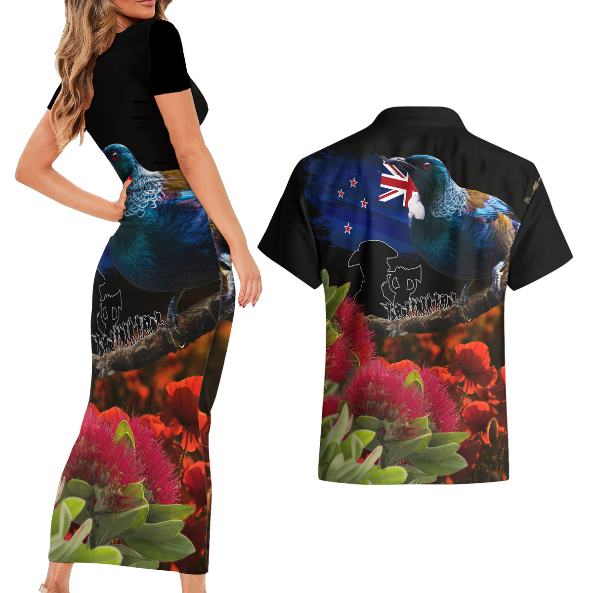 New Zealand ANZAC Day Couples Matching Short Sleeve Bodycon Dress and Hawaiian Shirt Pohutukawa Flower and Tui Bird LT03 - Polynesian Pride