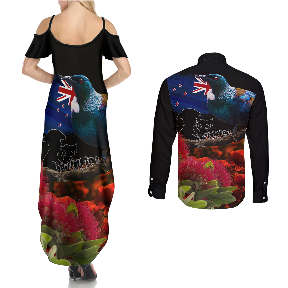 New Zealand ANZAC Day Couples Matching Summer Maxi Dress and Long Sleeve Button Shirt Pohutukawa Flower and Tui Bird LT03 - Polynesian Pride