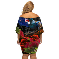 New Zealand ANZAC Day Family Matching Off Shoulder Short Dress and Hawaiian Shirt Pohutukawa Flower and Tui Bird LT03 - Polynesian Pride
