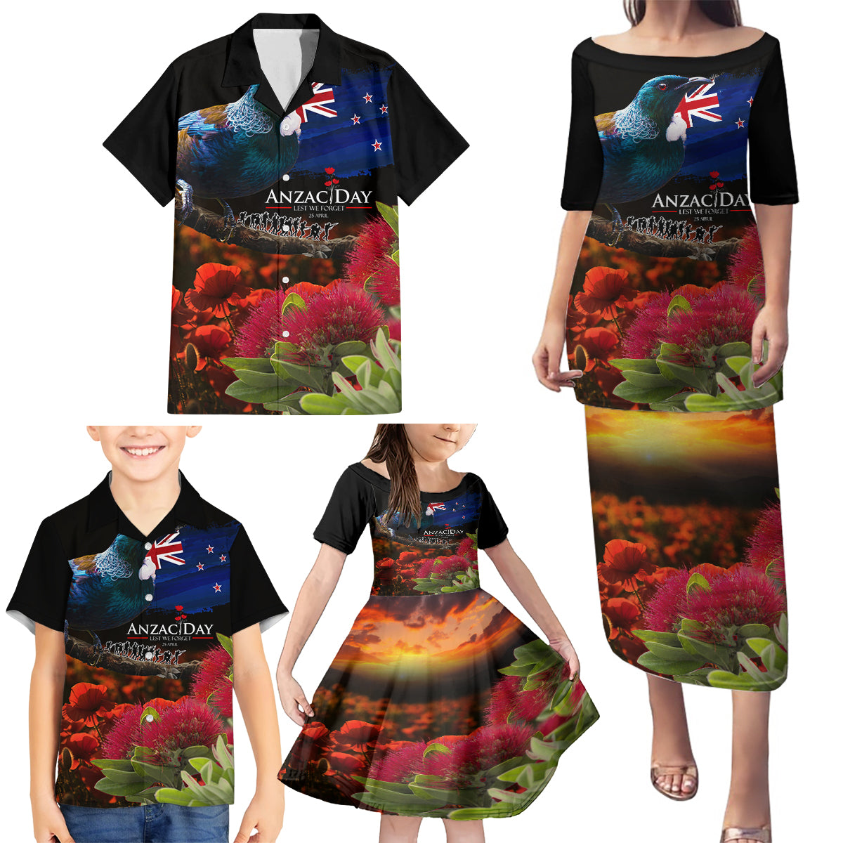 New Zealand ANZAC Day Family Matching Puletasi and Hawaiian Shirt Pohutukawa Flower and Tui Bird LT03 - Polynesian Pride