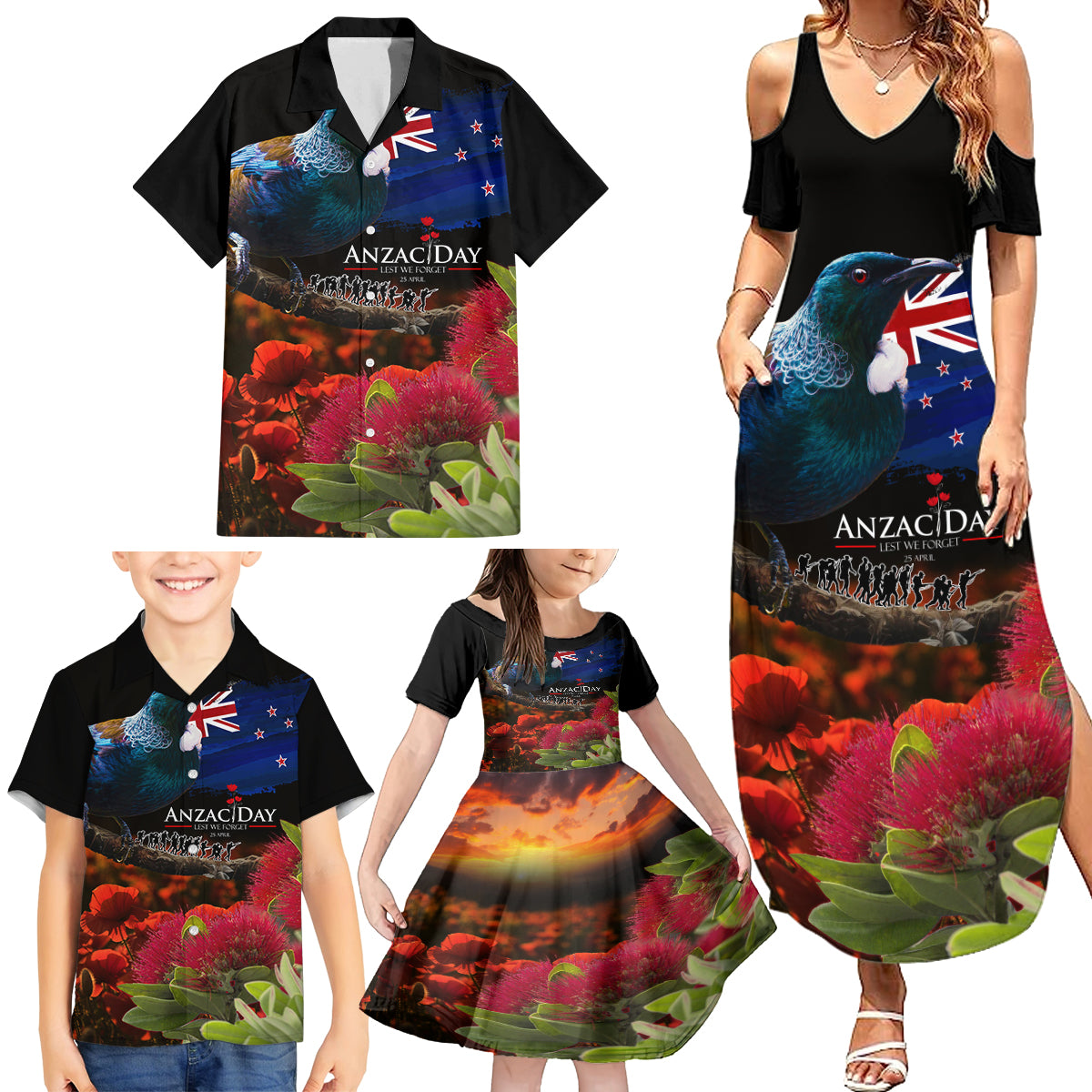 New Zealand ANZAC Day Family Matching Summer Maxi Dress and Hawaiian Shirt Pohutukawa Flower and Tui Bird LT03 - Polynesian Pride