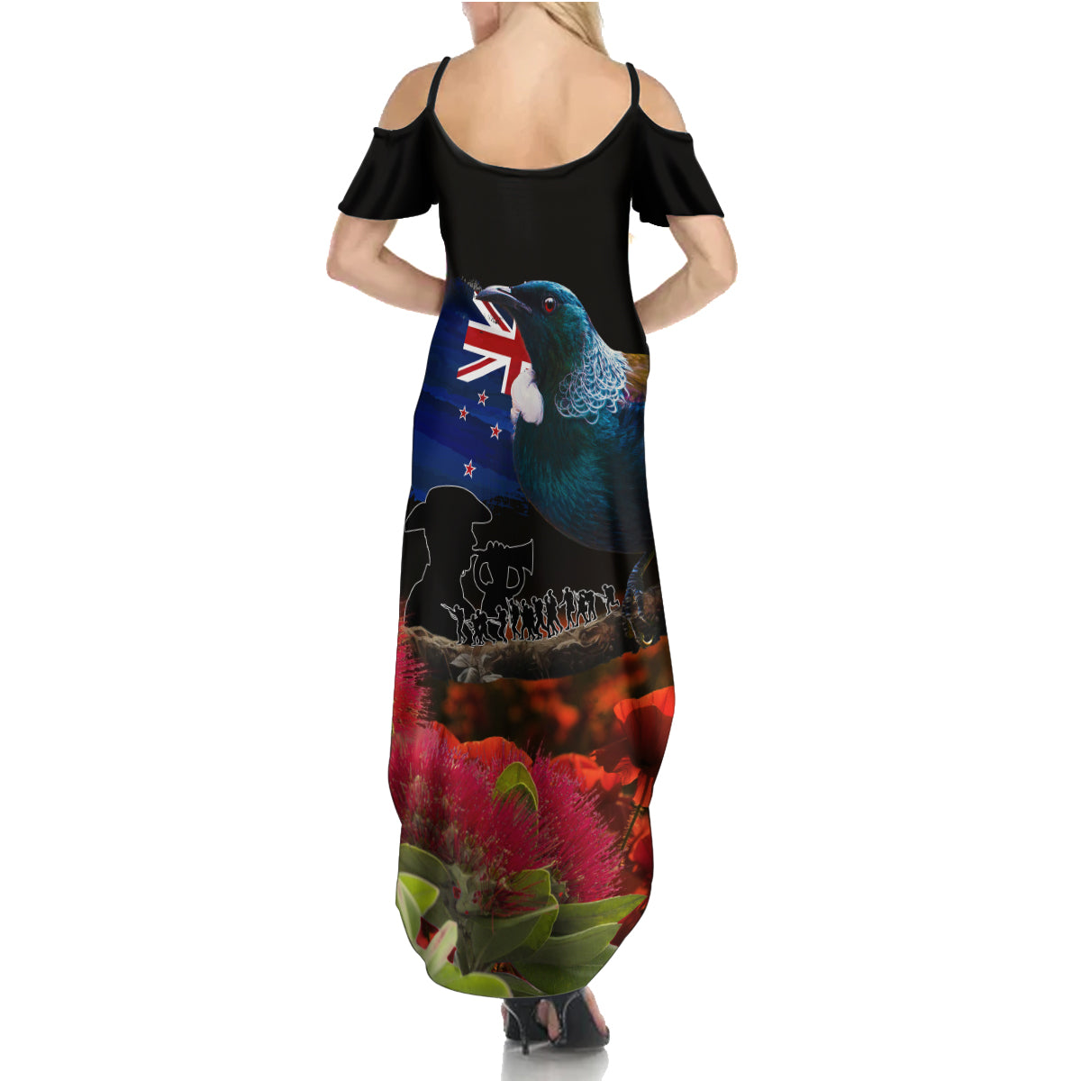 New Zealand ANZAC Day Family Matching Summer Maxi Dress and Hawaiian Shirt Pohutukawa Flower and Tui Bird LT03 - Polynesian Pride
