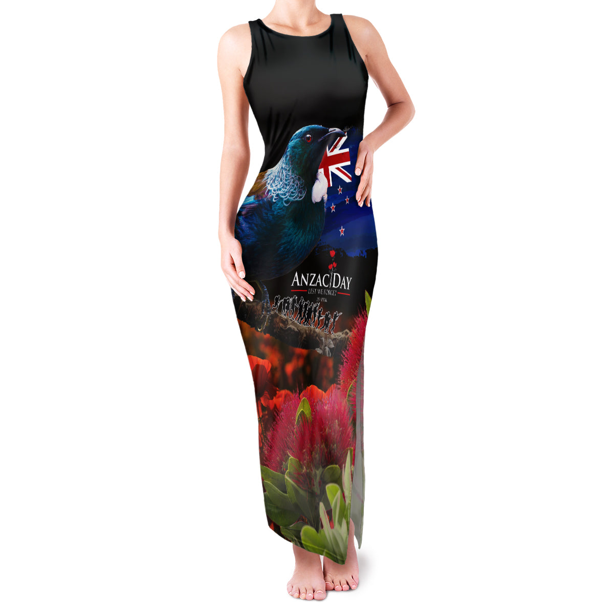 New Zealand ANZAC Day Family Matching Tank Maxi Dress and Hawaiian Shirt Pohutukawa Flower and Tui Bird LT03 Mom's Dress Black - Polynesian Pride