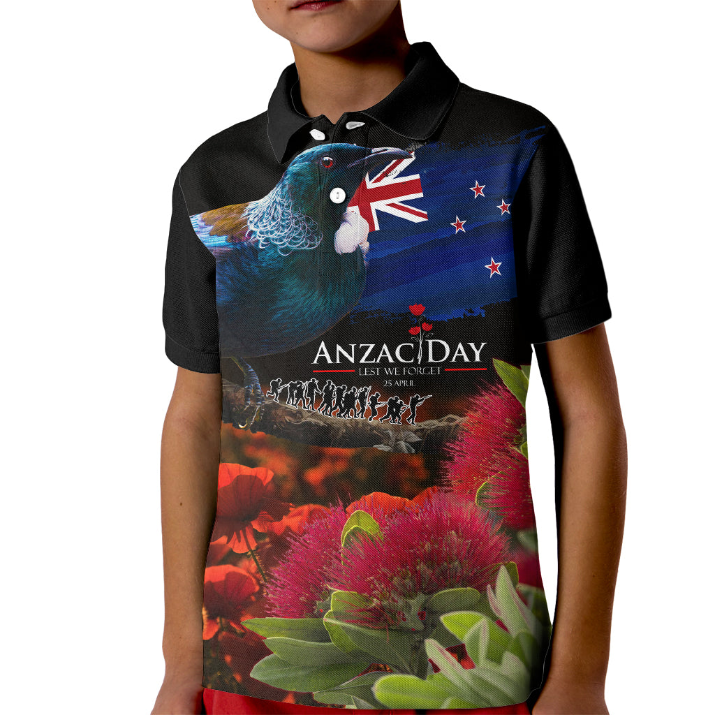 New Zealand ANZAC Day Kid Polo Shirt Pohutukawa Flower and Tui Bird LT03 Kid Black - Polynesian Pride