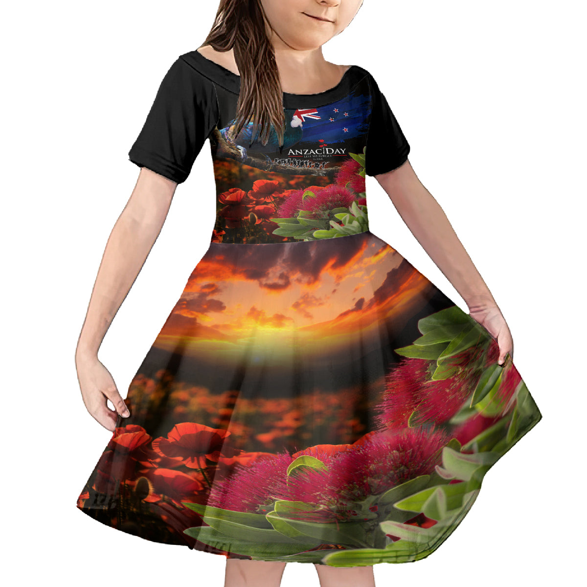 New Zealand ANZAC Day Kid Short Sleeve Dress Pohutukawa Flower and Tui Bird LT03 KID Black - Polynesian Pride