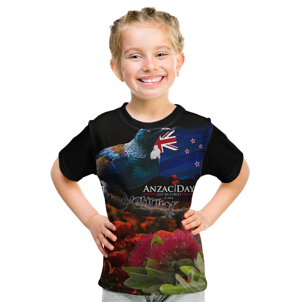 New Zealand ANZAC Day Kid T Shirt Pohutukawa Flower and Tui Bird LT03 Black - Polynesian Pride