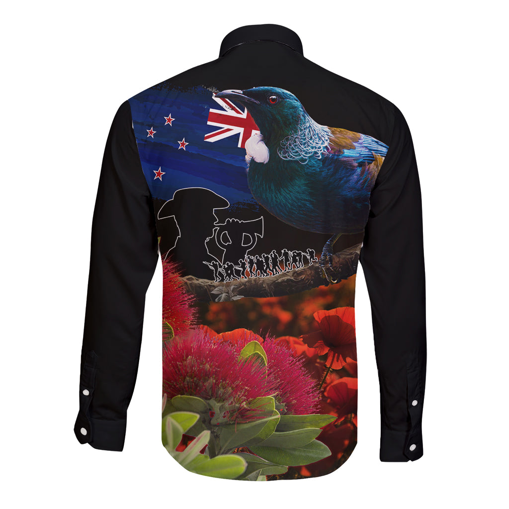 New Zealand ANZAC Day Long Sleeve Button Shirt Pohutukawa Flower and Tui Bird LT03 - Polynesian Pride