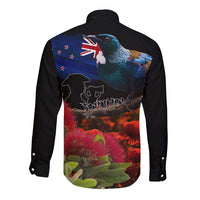 New Zealand ANZAC Day Long Sleeve Button Shirt Pohutukawa Flower and Tui Bird LT03 - Polynesian Pride