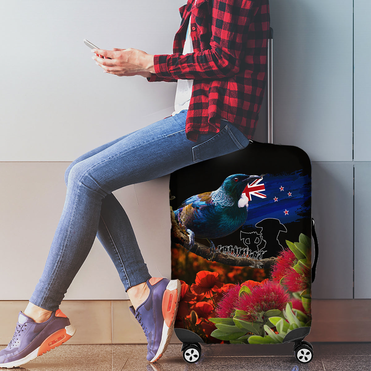 New Zealand ANZAC Day Luggage Cover Pohutukawa Flower and Tui Bird LT03 - Polynesian Pride
