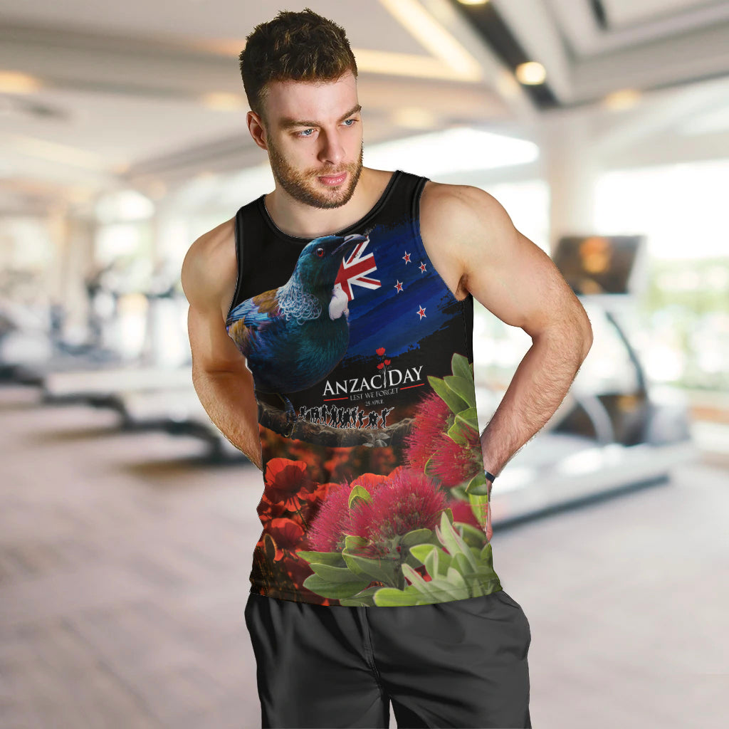 New Zealand ANZAC Day Men Tank Top Pohutukawa Flower and Tui Bird LT03 Black - Polynesian Pride