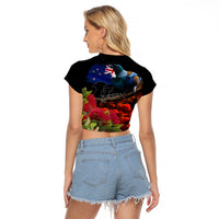New Zealand ANZAC Day Raglan Cropped T Shirt Pohutukawa Flower and Tui Bird LT03 - Polynesian Pride