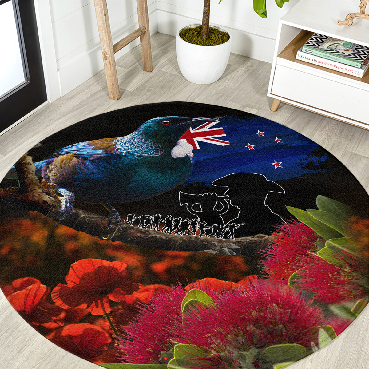 New Zealand ANZAC Day Round Carpet Pohutukawa Flower and Tui Bird LT03 Black - Polynesian Pride