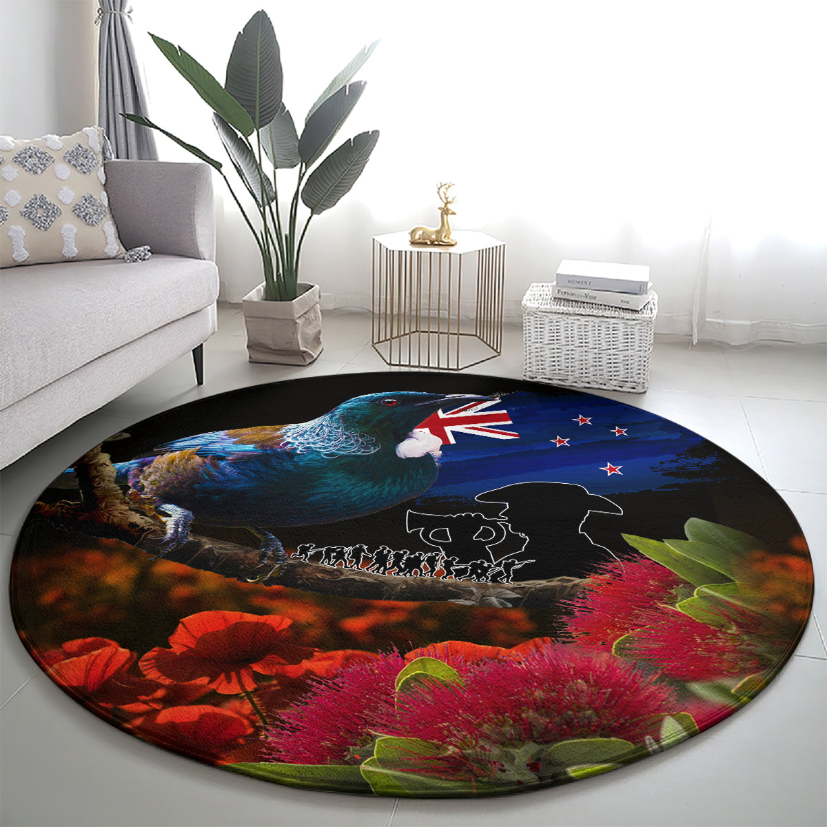 New Zealand ANZAC Day Round Carpet Pohutukawa Flower and Tui Bird LT03 - Polynesian Pride