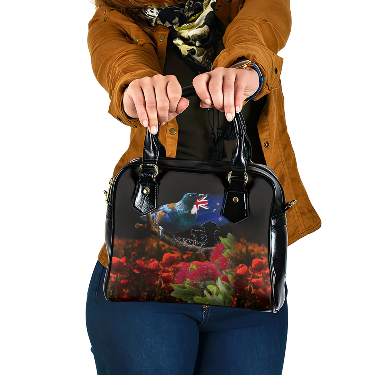 New Zealand ANZAC Day Shoulder Handbag Pohutukawa Flower and Tui Bird LT03 One Size Black - Polynesian Pride