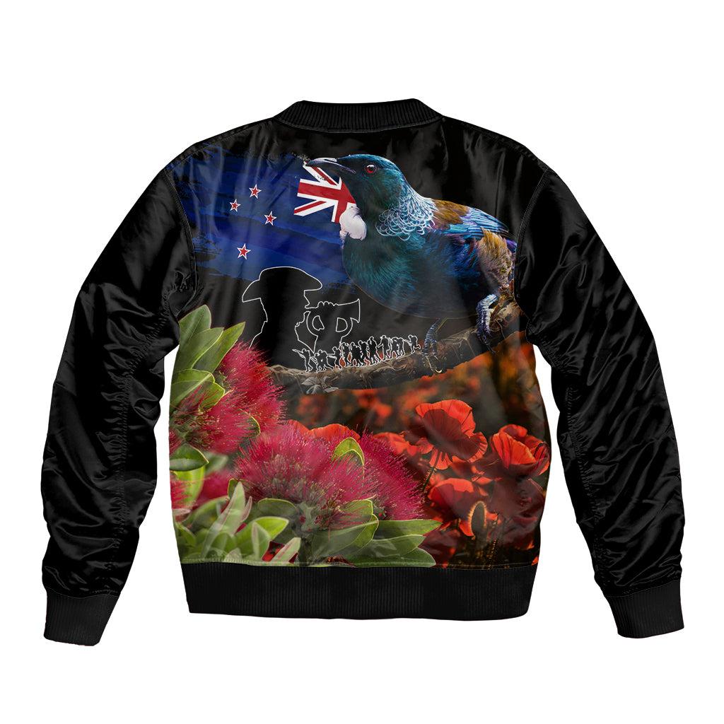 New Zealand ANZAC Day Sleeve Zip Bomber Jacket Pohutukawa Flower and Tui Bird LT03 - Polynesian Pride