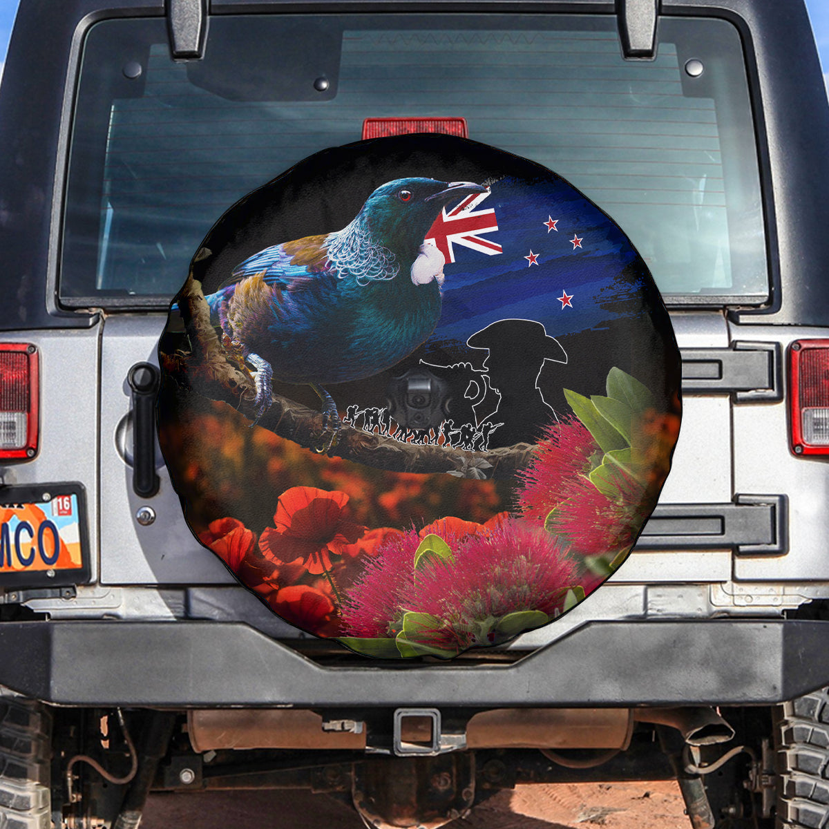 New Zealand ANZAC Day Spare Tire Cover Pohutukawa Flower and Tui Bird LT03 Black - Polynesian Pride