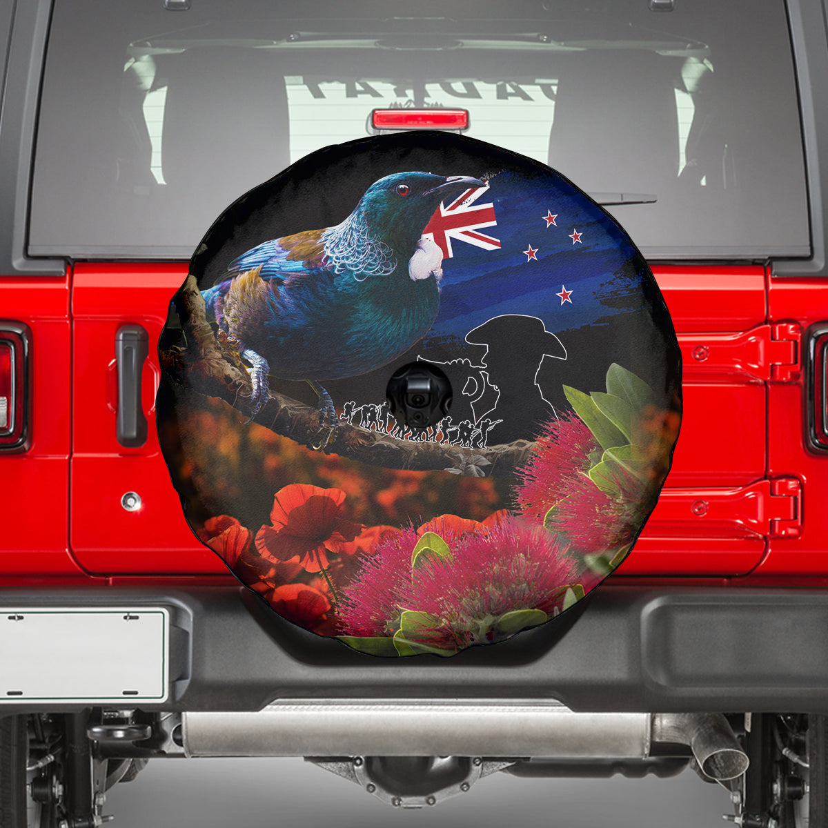 New Zealand ANZAC Day Spare Tire Cover Pohutukawa Flower and Tui Bird LT03 - Polynesian Pride