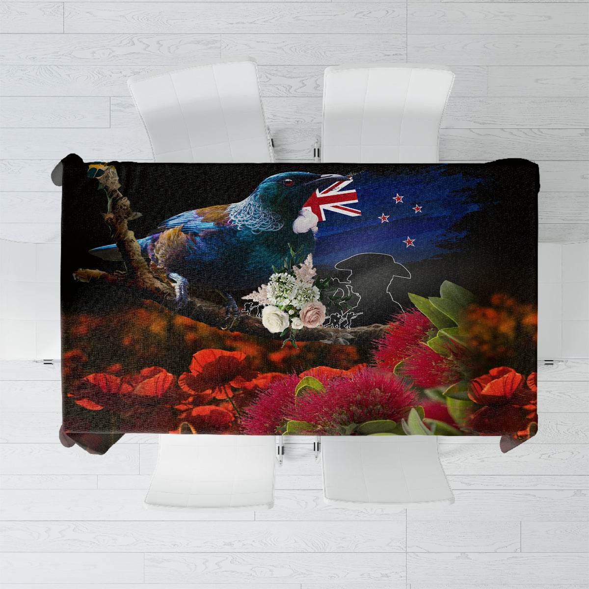 New Zealand ANZAC Day Tablecloth Pohutukawa Flower and Tui Bird LT03 Black - Polynesian Pride