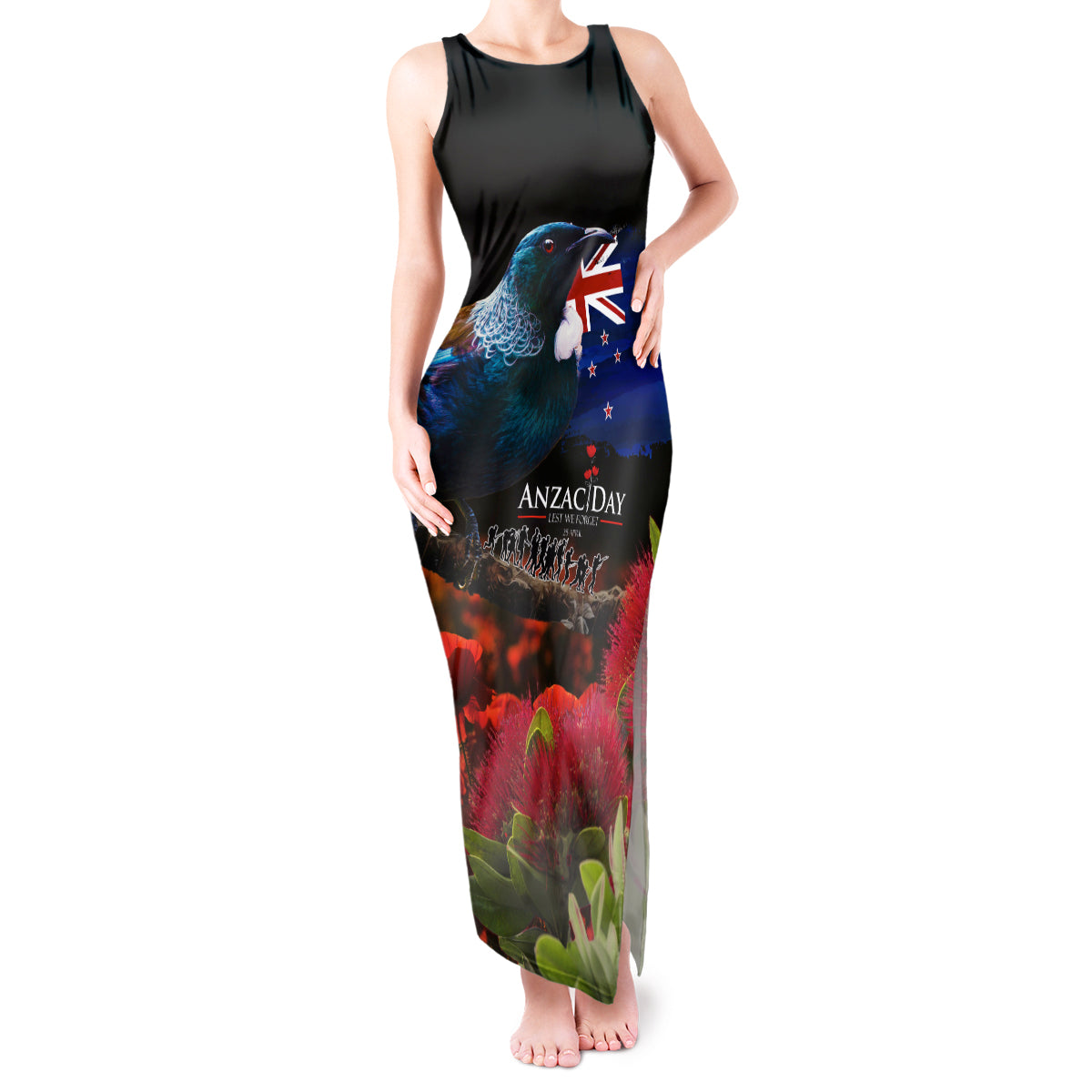 New Zealand ANZAC Day Tank Maxi Dress Pohutukawa Flower and Tui Bird LT03 Women Black - Polynesian Pride