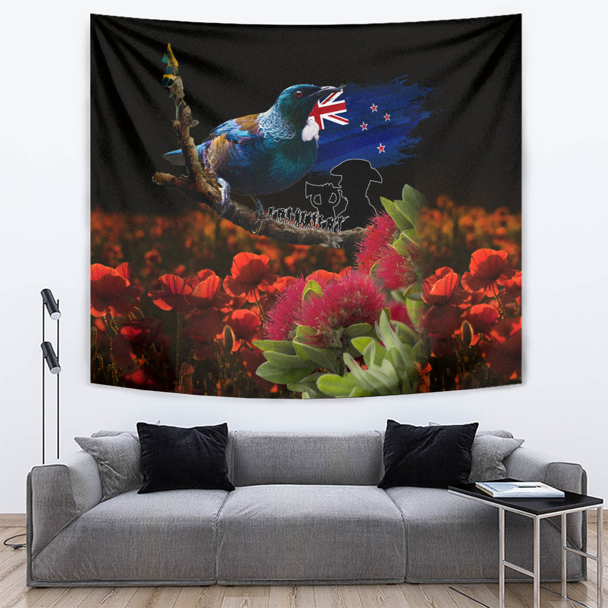 New Zealand ANZAC Day Tapestry Pohutukawa Flower and Tui Bird LT03 Black - Polynesian Pride