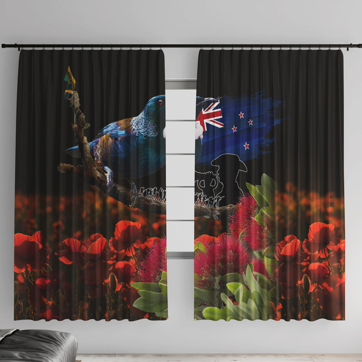 New Zealand ANZAC Day Window Curtain Pohutukawa Flower and Tui Bird LT03 With Hooks Black - Polynesian Pride