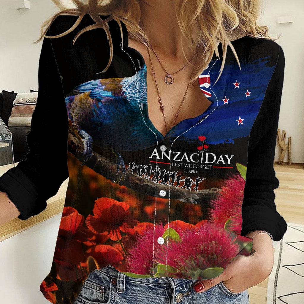 New Zealand ANZAC Day Women Casual Shirt Pohutukawa Flower and Tui Bird LT03 Female Black - Polynesian Pride