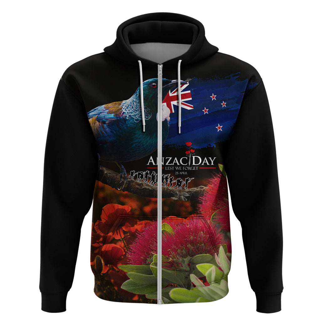 New Zealand ANZAC Day Zip Hoodie Pohutukawa Flower and Tui Bird LT03 Zip Hoodie Black - Polynesian Pride