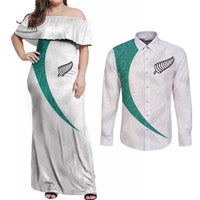 Custom New Zealand Football Couples Matching Off Shoulder Maxi Dress and Long Sleeve Button Shirt Go All Silver Ferns - Towards World Cup 2026